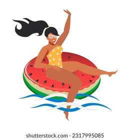 A beautiful and happy young woman on an inflatable watermelon floats on the sea waves, enjoys life. Cute and fun summer print isolated on white background. Vector.