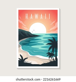 Beautiful Hawaii beach poster design illustration, seascape, surf, adventure poster