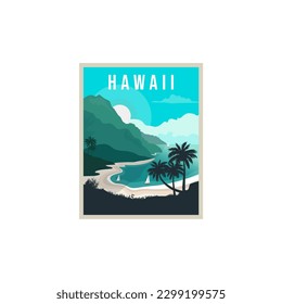 Beautiful Hawaii beach poster design illustration, seascape, surf, adventure poster