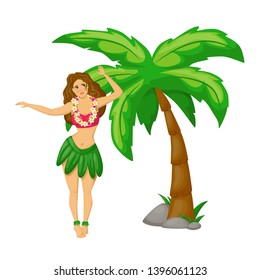 Beautiful Hawaiian girl in traditional dress dancing on beach, near sea, under palm trees in scorching sun. Rest, summer trip to warm continents. Vector illustration.