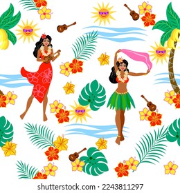 Beautiful Hawaiian girls with ukulele against blue sea sun palm trees with bananas and exotic bright colors of monstera leaves Vector