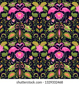 Beautiful Hawaiian seamless wallpaper with exotic flowers, tropical leaves and pink flamingo for wedding design, fabric, textile and wrapping paper