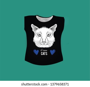 Beautiful head of a cat drawn in vector with two hearts on a black shirt that can be be used for screen printing and t shirt designing