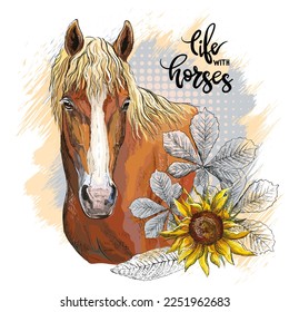 Beautiful head of horse, flowers and lettering live with horses. Hand drawn style. Vector illustration isolated on white background. T-shirt composition, print, design, sticker, sublimation, and decor