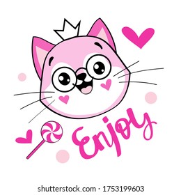 Beautiful head of a pink cat and the inscription enjoy on a white background isolated. Fashion for girls for birthday