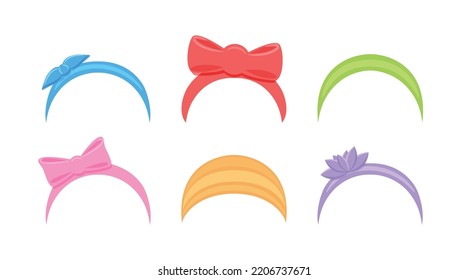 Beautiful Headbands. Set. Cute Female Hair Accessory. Headband with Bow and Flower for Young Woman and Little Girl. Color Fashion Cartoon style. White background. Vector illustration. svg