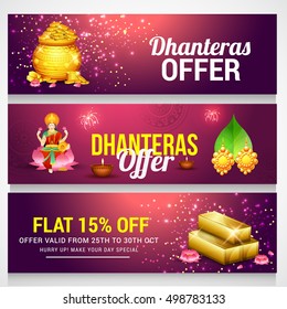 A beautiful header or banner with golden shiny pot filled with gold coins of indian dhanteras diwali festival celebration background.Happy dhanteras