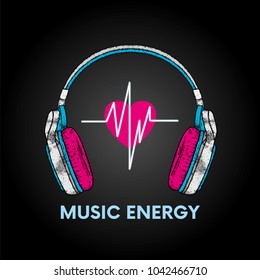Beautiful headphones. Vector illustration for a postcard or a poster, print for clothes. Music and sound. I love music.