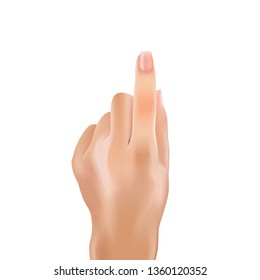 Beautiful Healthy Skin European Woman Touch Up Arm Body Sign. Realistic Hand Palm Woman. Vector Illustration Human Thumb Gesture. Female Hands Forefinger Pointing. Fingers Bent Except Index Finger.