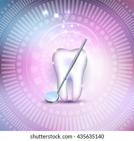 Beautiful healthy tooth with mirror on a colorful mesh background