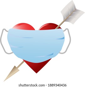 A beautiful heart with an arrow in a mask to protect against coronavirus. Be careful with viruses. Vector illustration in the period of the pandemic.