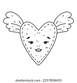 Beautiful heart character with wings in hand drawn doodle style. Vector Illustration Isolated on white background. Coloring page.