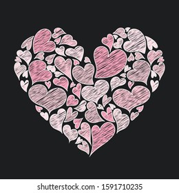 Beautiful Heart Composition. Big Heart Full Of Many Small Hearts. Romantic Symbol Of Love. Be My Valentine. Vector Decorative Elements Colored By a piece of chalk Style. Whiting Pink Colors.