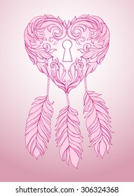Beautiful heart in Damascus pattern with keyhole and feathers