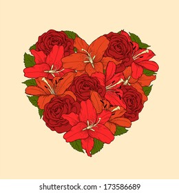 Beautiful heart decorated by flowers, roses and lilies of black and white color. Symbol of a holiday of a St. Valentine's Day