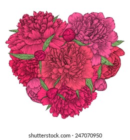 Beautiful heart decorated by flowers peony. Vintage template card, invitation, greetings, valentine. I love you.