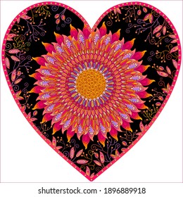 beautiful heart in doodle style with a large abstract flower in the middle on a black background with floral ornaments, color vector complex clip art on a white isolated backdrop