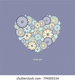 Beautiful heart of flowers. Vector illustration in cold colors. St. Valentine's day greeting card. Elegant floral decoration.
