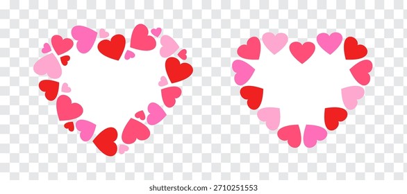 A beautiful heart frame made of small, bright pink and red hearts. A set of isolated vector illustrations on a transparent background