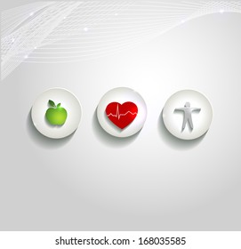 Beautiful heart health care concept symbols. Healthy food and fitness leads to healthy heart. 