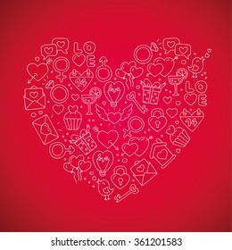 Beautiful heart of icons for Valentine's Day. Excellent gift card. Vector illustration on a scarlet background.