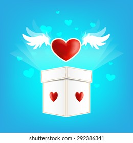 Beautiful heart label on the wings of love with box