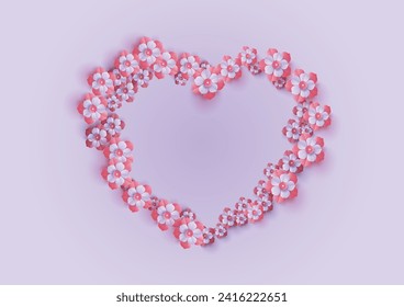 
Beautiful Heart Made of Pink Paper Cut Flowers Background, Flat lay. Space for text