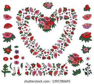 Beautiful heart made of poppies and tulips with endless border and elements of flowers and herbs isolated on white background