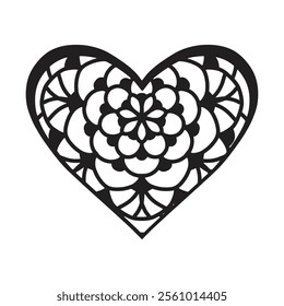 Beautiful Heart mandala Black and white love pattern for antistress coloring book. Valentine’s Day mandala. Vector illustration