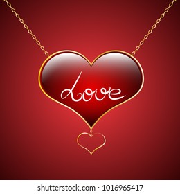 Beautiful heart on a chain greeting card to Valentine's Day with word love inside. Vector illustration.