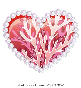 Beautiful heart with ornament of sea inhabitants corals and precious stones isolated on white background. Idea of design card or poster for Valentine's day. Vector cartoon close-up illustration.