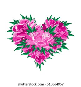 Beautiful heart of peony flowers. I love you. Vector illustration, background for greeting card and invitation to a wedding, birthday, Valentine's Day, Mother's Day and other seasonal holiday.