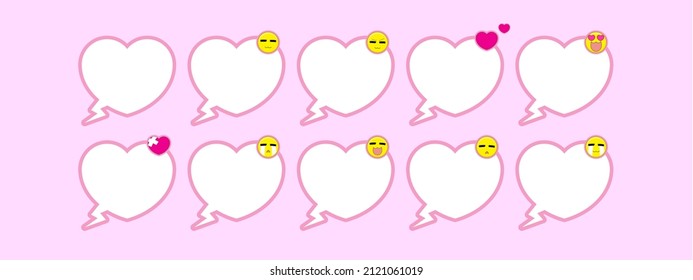 Beautiful heart shape bubbles speech set with emoji graphic for valentine celebration. Easy to use and edit. Vector, illustration. 