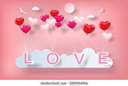 Beautiful heart shaped balloons floating in sky with love letter, paper art style, flat-style vector illustration.
