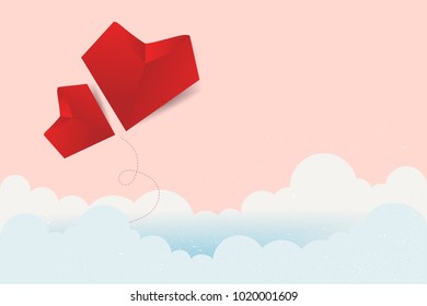 Beautiful heart shaped balloons floating in sky - paper art style, flat-style - Vector illustration