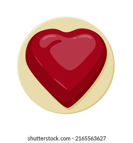 Beautiful heart shaped cake with red icing isolated vector illustration. Cute confection on topper clipart. Exclusive bakery pastry shop or cafe cartoon