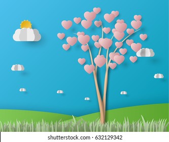 beautiful heart tree on blue sky , paper art style