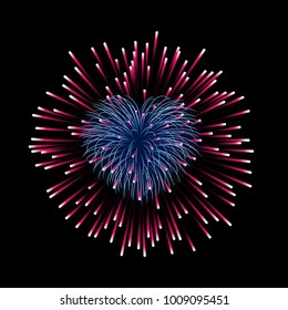Beautiful heart-firework. Bright romantic firework, isolated on black background. Light love decoration salute for Valentine Day celebration. Symbol of holiday, wedding Vector illustration