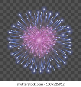 Beautiful heart-firework. Bright romantic firework isolated transparent background. Light love decoration salute for Valentine Day celebration. Symbol of holiday, wedding Vector illustration