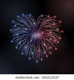 Beautiful heart-firework. Bright romantic firework, isolated on black background. Light love decoration salute for Valentine Day celebration. Symbol of holiday, wedding. Vector illustration