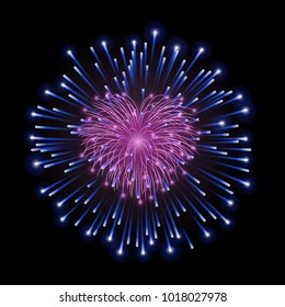 Beautiful heart-firework. Bright romantic firework, isolated on black background. Light love decoration salute for Valentine Day celebration. Symbol of holiday, wedding Vector illustration