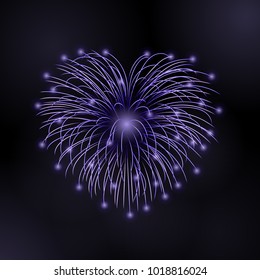 Beautiful heart-firework. Bright romantic firework, isolated on black background. Light love decoration salute for Valentine Day celebration. Symbol of holiday, wedding. Vector illustration