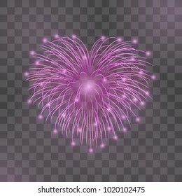 Beautiful heart-firework. Bright romantic firework, isolated transparent background. Light love decoration salute for Valentine Day celebration. Symbol of holiday, wedding. Vector illustration