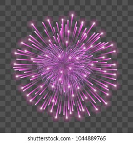 Beautiful heart-firework. Bright romantic firework, isolated transparent background. Light love decoration salute for Valentine Day celebration. Symbol of holiday, wedding Vector illustration