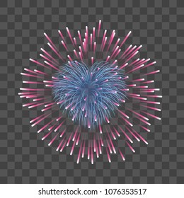 Beautiful heart-firework. Bright romantic firework isolated transparent background. Light love decoration salute for Valentine Day celebration. Symbol of holiday, wedding Vector illustration