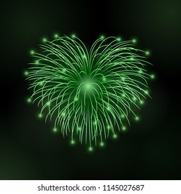 Beautiful heart-firework. Bright romantic firework, isolated on black background. Light love decoration salute for Valentine Day celebration. Symbol of holiday, wedding. Vector illustration