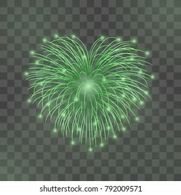 Beautiful heart-firework. Bright romantic firework, isolated transparent background. Light love decoration salute for Valentine Day celebration. Symbol of holiday, wedding. Vector illustration