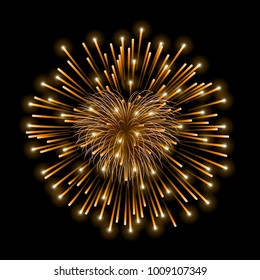 Beautiful heart-firework. Gold romantic firework, isolated on black background. Light love decoration salute for Valentine Day celebration. Symbol of holiday, wedding Vector illustration