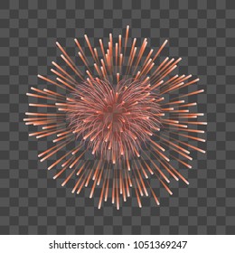 Beautiful heart-firework. Red romantic firework, isolated transparent background. Light love decoration salute for Valentine Day celebration. Symbol of holiday, wedding Vector illustration