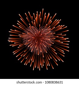 Beautiful heart-firework. Red romantic firework, isolated on black background. Light love decoration salute for Valentine Day celebration. Symbol of holiday, wedding Vector illustration